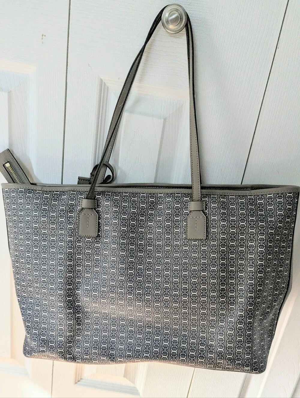 Tory Burch Gray Taupe Canvas Tote with Black and Cream Center Stripe
